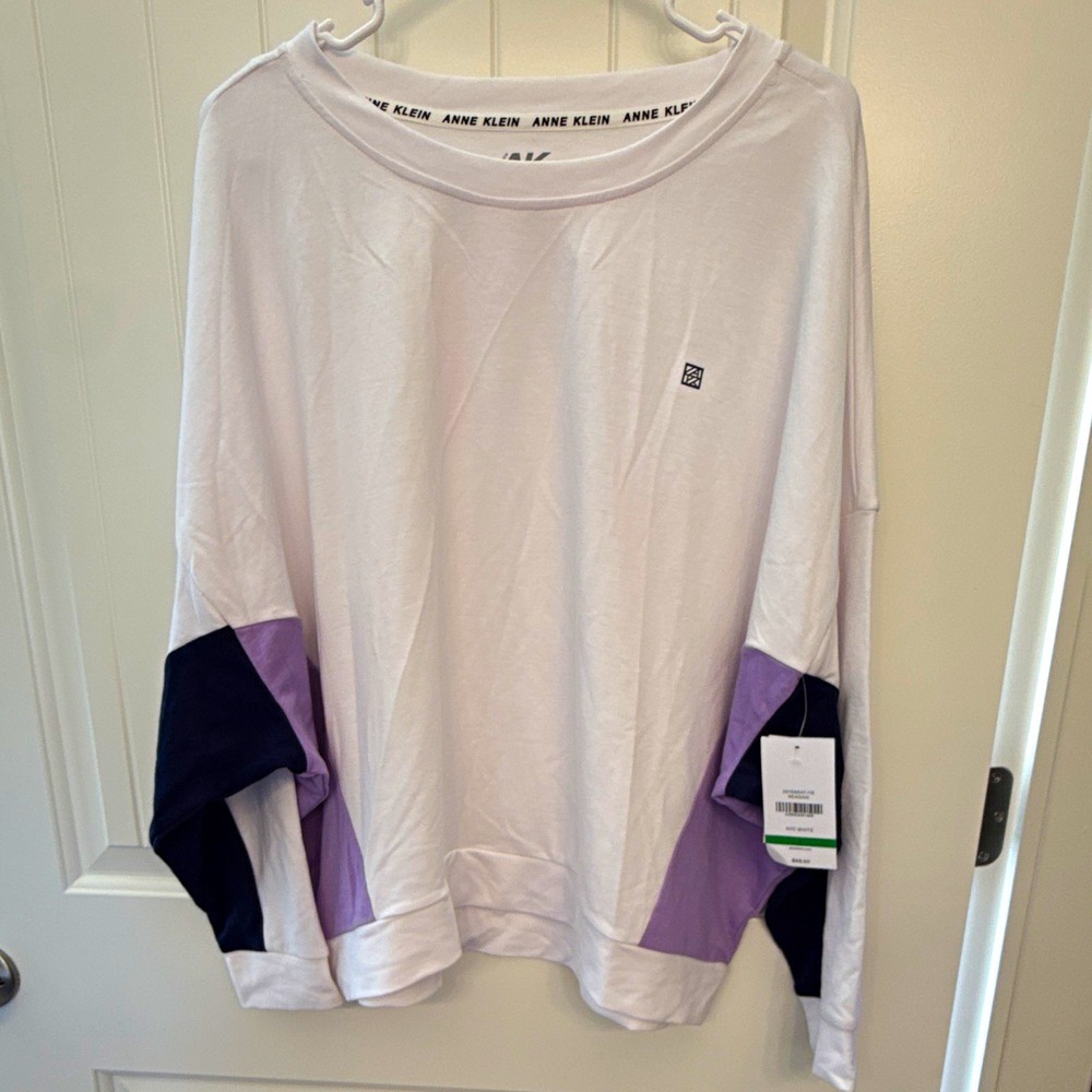 AK Sport Reagan Women's L WhitePurpleBlack Colorblock Crew Neck Pullover Top NWT
